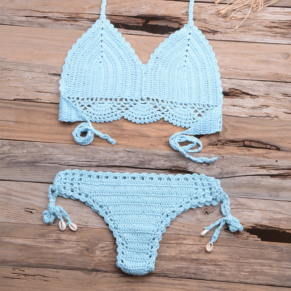 Beach Hollow-out Handmade Woven Split Strap Tank-Top Matching Shell Bikini Briefs Bella Mia